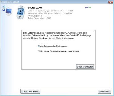 Datenübernahme vom Beurer GL40 ins Diabetes-Tagebuch