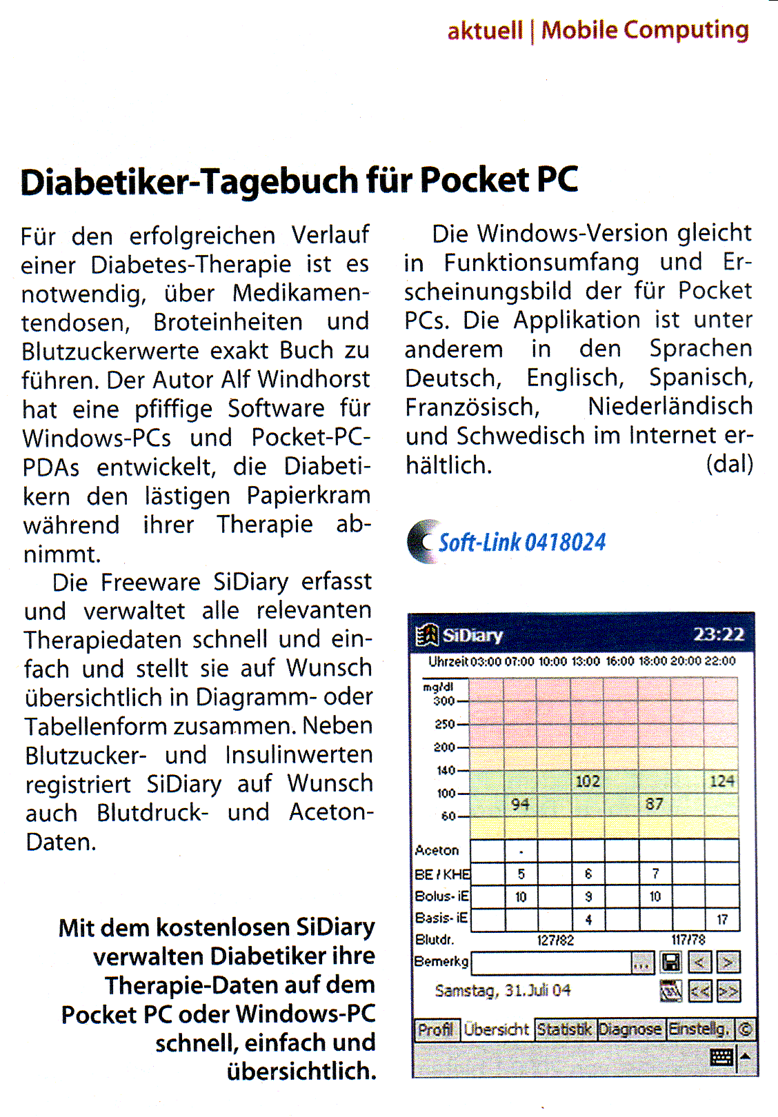 SiDiary - Diabetes Management Software in der Computerzeitschrift c't (Heise-Verlag)
