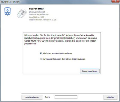 Datenübernahme vom Beurer BM55 ins Diabetes-Tagebuch