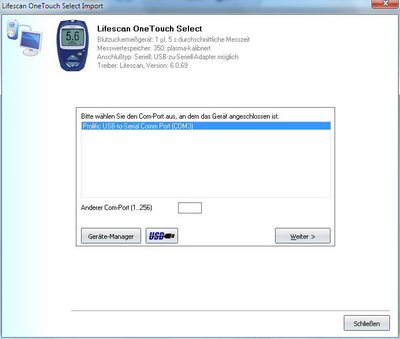 Datenübernahme vom Lifescan One Touch Select ins Diabetes-Tagebuch